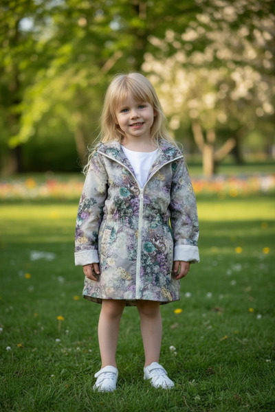 Pitti Green Flower Patterned Girl's Raincoat - 9260