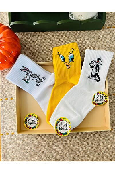 AL Bİ 90LIK 3 Pack Bugs Bunny, Sylvester and Tweety Patterned College Set Socks