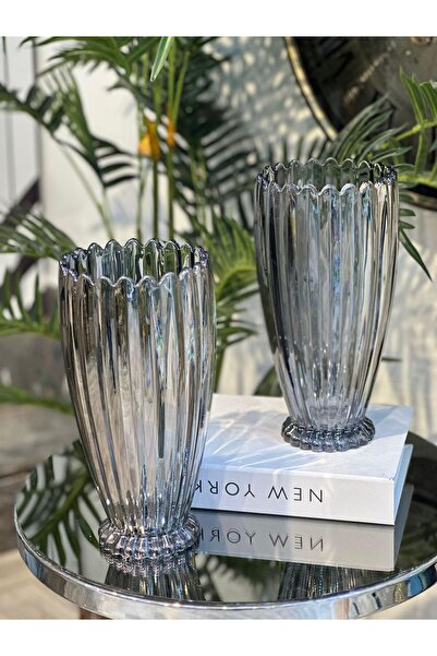 Elta Collection 22 cm Füme Cam Dekoratif Vazo – Modern, Şık, Lüks Çiçek ve Salon Vazosu