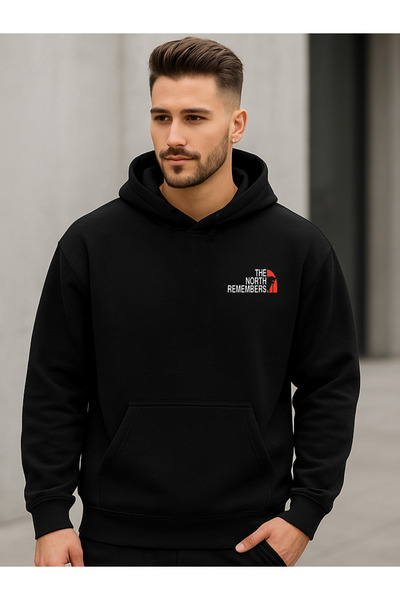 DEEPSENCE Унісекс-светр з капюшоном, чорний бавовняний матеріал, з принтом NorthRemembers