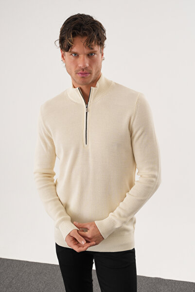 No Way Pulover tricotat basic pentru bărbați, cu jumătate de fermoar, cu croiala normală