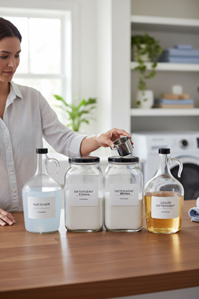 zezedesing Dekoratif Cam Detergent Whites-colors Kavanoz 3lt/liquid Detergent-softener Şişesi 1.5lt Siyah Kapak