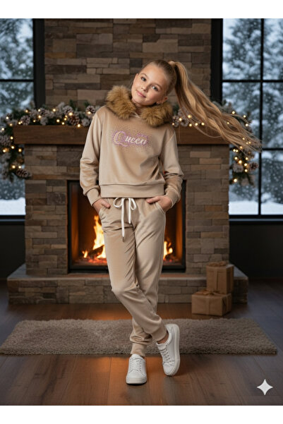 N.S.K NEWSTAR KİDS Children's Clothing French Velvet Fabric Stone Printed Hooded Girls' Tracksuit Set
