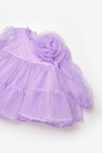 Le Mabelle Lila Puantiyeli Gül Aksesuarlı Kız Çocuk Elbise - Belinda
