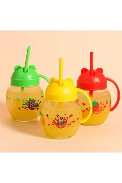 Qlüx طقم أكواب زجاجية مع شفاطة للأطفال مكون من 3 قطع