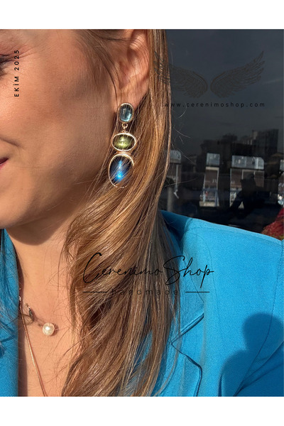 Cerenimo Shop Taşlı 3 Renkli Damla Küpe