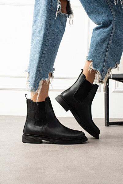 eformoda by emre yılmaz Siyah Cilt Kadın Yanı Lastikli Bot K66