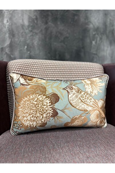 Fabricland Ithal Ipek Kadife Kuşlu Desen Mint Yeşili Kırlent Kılıfı 30x50cm (ÇİFT TARAFLI DESEN)