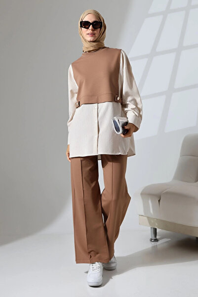 Mihran Butik Bumbac pieptănat sezonier maro - Set hijab cu tunică și pantalon...