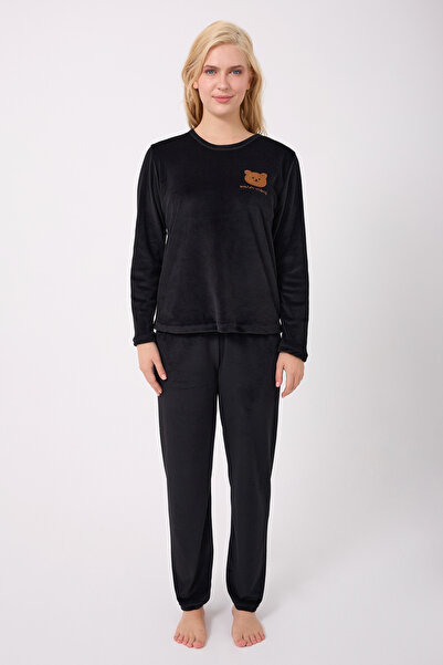 TURAY Stella Lauren Kadife Uzunkol Kadın Siyah Pijama Takımı