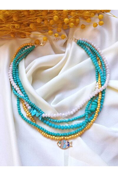 İPAR AKSESUAR Turkuaz Krem Kristal Taş Çoklu Balıklı Kolye