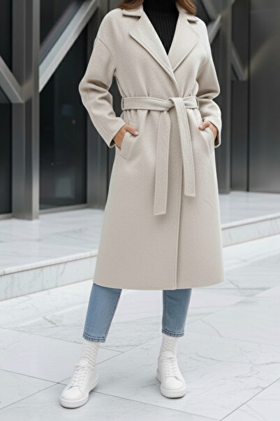 GiyinGo Dámský kabát z dovozu mléčné hnědé kachle s páskem