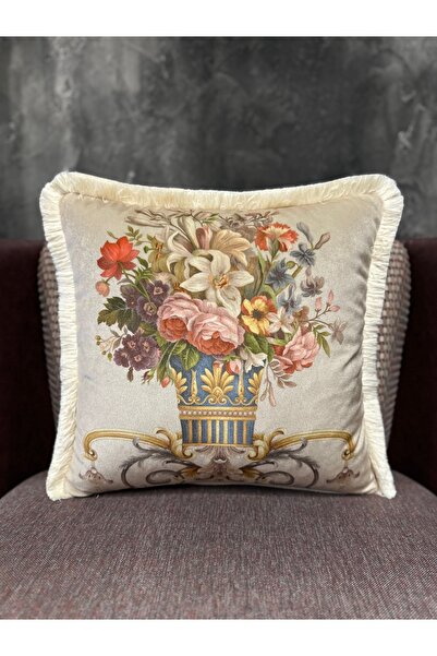 Fabricland Imported Silk Velvet Tasseled Damask Pattern Cream Color Throw Pillow Case (Double Sided Pattern)