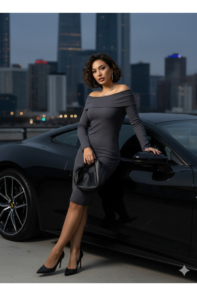 şems fashion Spring Shoulder-Cut Midi Length Premium Quality Dress