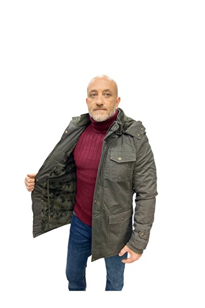 DYNAMO Men's Khaki Hooded Fur Lined Waterproof Coated Thick Coat