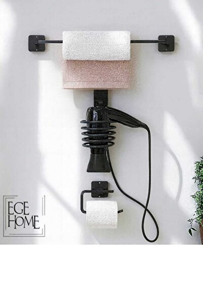 Home 3 Lü Siyah Yapışkanlı Uzun Havluluk, Fönlük Ve Tuvalet Kağıtlık