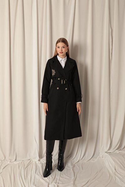 PINTORE Torino Kumaş Astarlı Nakış Detaylı Siyah Premium Trençkot