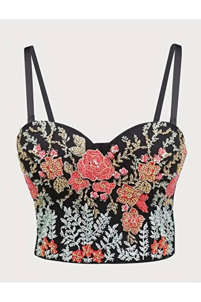 Store Embroidered Floral Patterned Strappy Bustier - Black (Size S)