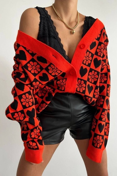 bayansepeti Women's Orange Knitwear Fabric Patterned and Buttoned Design Cardigan 0200