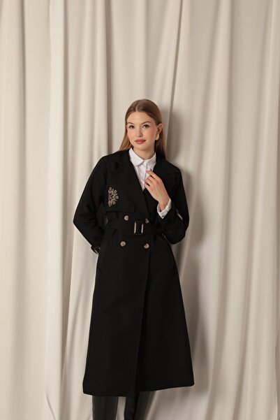 PINTORE Torino Kumaş Astarlı Nakış Detaylı Siyah Premium Trençkot