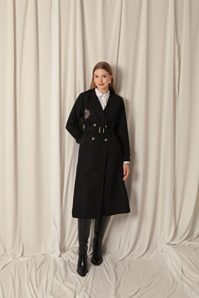 PINTORE Torino Kumaş Astarlı Nakış Detaylı Siyah Premium Trençkot