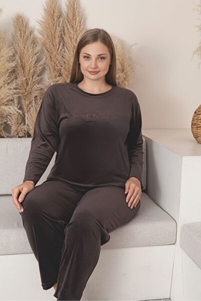 Asel Plus Size Brown Color Long Sleeve Velvet Pajamas Set