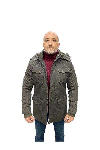 DYNAMO Men's Khaki Hooded Fur Lined Waterproof Coated Thick Coat