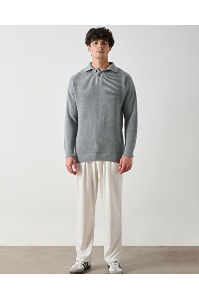 İLKCET MODA Collared Three Button Gray Corduroy Oversize Sweater