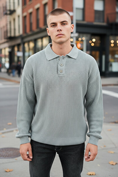 İLKCET MODA Pulover oversize gri cu trei nasturi și guler