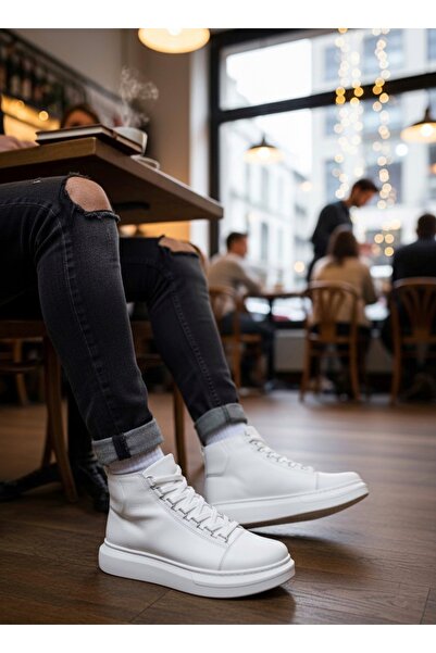 BOA BA0713 Bağcıklı Beyaz Yüksek Taban Erkek Tarz Spor Bot