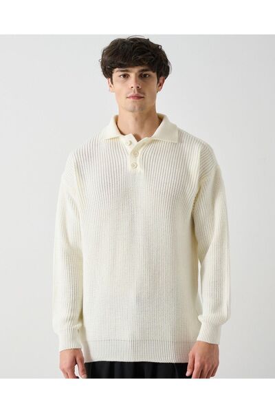 İLKCET MODA Світло-бежевий светр оверсайз з коміром і трьома ґудзиками