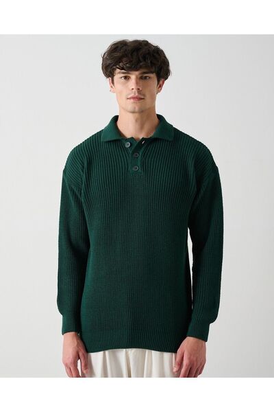 İLKCET MODA Collared Three-Button Emerald Ribbed Oversize Sweater