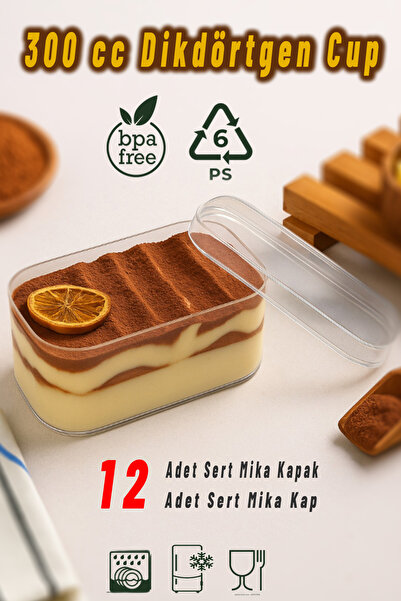 Ezupack 12'li Tiramisu Cup 300 cc Mika Kase Plastik Şeffaf Kapaklı Sunum Kabı...