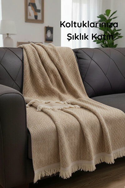 OTEXSA Pamuklu Koltuk Örtüsü 170x210 Cm Koltuk Şalı Çekyat Örtüsü Modern Şık Tasarım Çeyiz, Sütlü Kahve