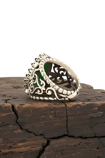 Takıdepo Yeşil Akik Taşlı El Işi Gümüş Yüzük