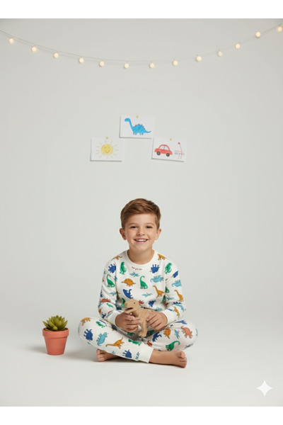 MADALİNA Erkek Çocuk %100 Pamuklu Beyaz Dinazor Desenli Pijama Takımı
