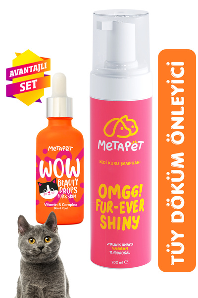 Metapet Kediler Için Tüyü Dökülmesini Engelleyici Set, Kuru Şampuan Ve Sağlığı Vitamini, Döküm Önleyici