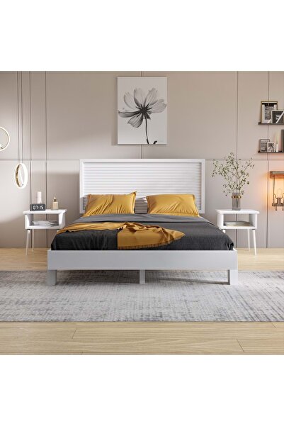 RENAZZO Ebruli Model Beyaz Renk Çam Ahşap Karyola Ve İki Komodin Set ( Dikey )