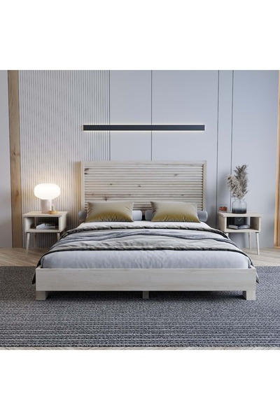 RENAZZO Alaz Model Doğal Çam Ahşap Karyola Ve Iki Komodin Set ( Yatay )