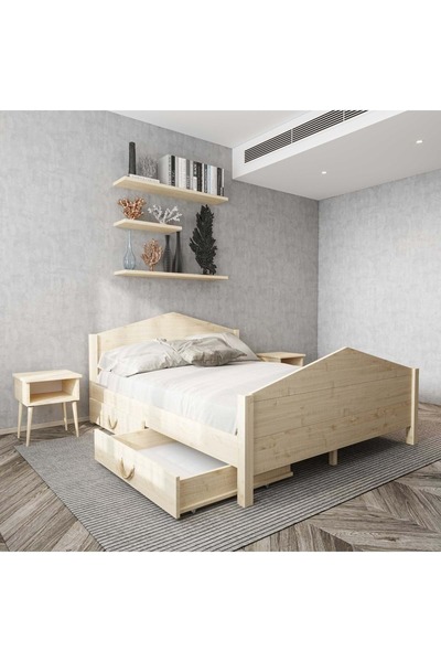 RENAZZO Milano Model Dört Çekmeceli Model Doğal Çam Ahşap Karyola Ve İki Komo...