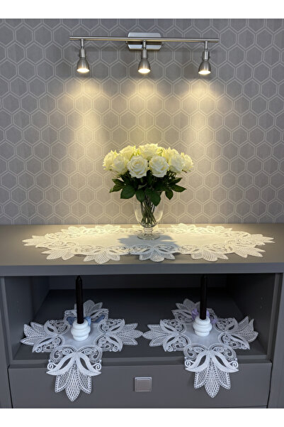 Valora Concept Fransız Dantelli Lalezar Model Keten Gardenya Lüks 3'lü Runner Salon Oda Sehpa Örtüsü