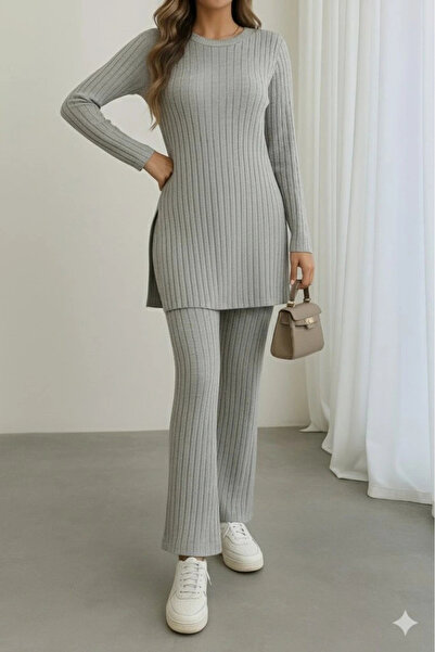 ARONA Women's Long Sleeve Round Neck Side Slit Detailed Raised Camisole Blouse and Trousers Double Set