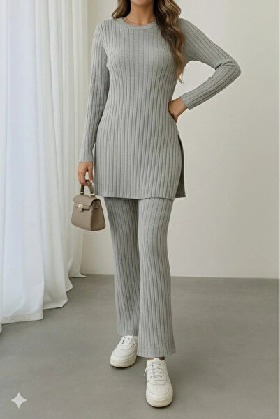 ARONA Women's Long Sleeve Round Neck Side Slit Detailed Raised Camisole Blouse and Trousers Double Set