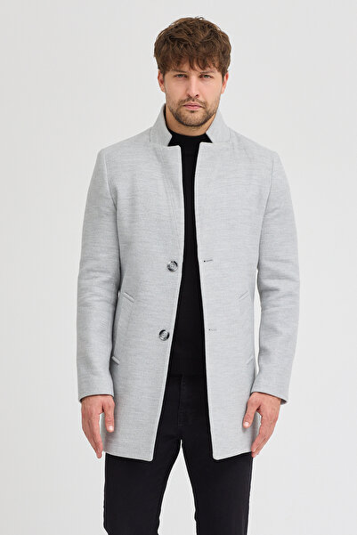 MODAMESTO Erkek Gri Slim Fit Dik Yaka Kaşe Kaban