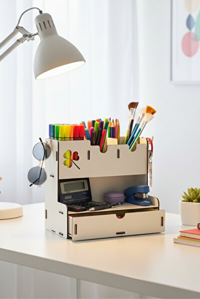 Simux منظم خشبي لسطح المكتب من كلوفر ذو 4 أقسام مع درج - منظم متعدد الأغراض ل...