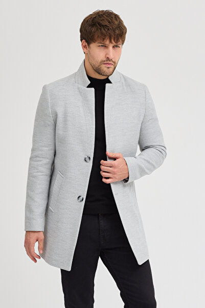 MODAMESTO Erkek Gri Slim Fit Dik Yaka Kaşe Kaban