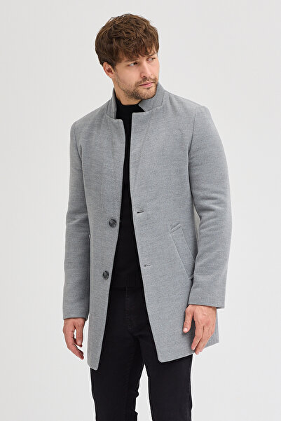 MODAMESTO Erkek Füme Slim Fit Dik Yaka Kaşe Kaban
