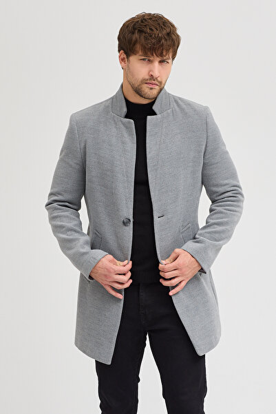 MODAMESTO Erkek Füme Slim Fit Dik Yaka Kaşe Kaban