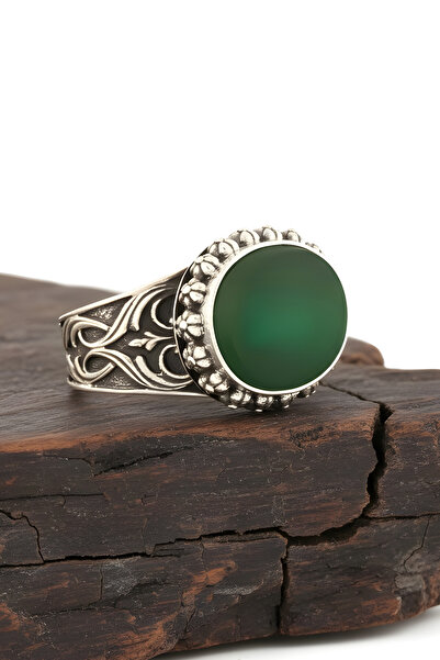 Takıdepo Yeşil Akik Taşlı El Işi Gümüş Yüzük