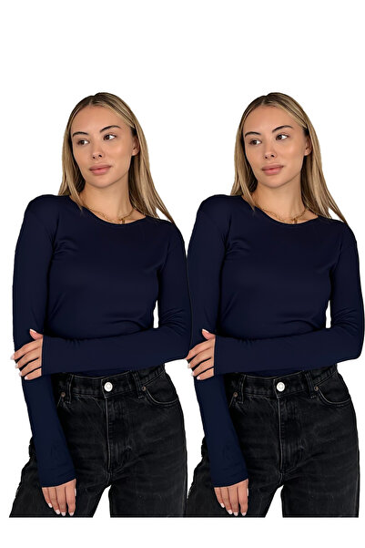 RDK Giyim Women's Long Sleeve Crew Neck Combed Cotton Bodysuit Set of 2 - Nav...